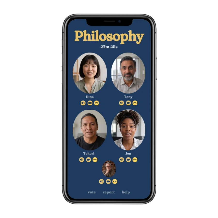 A live Qu Anytime call on the topic Philosophy, with five people talking on video.