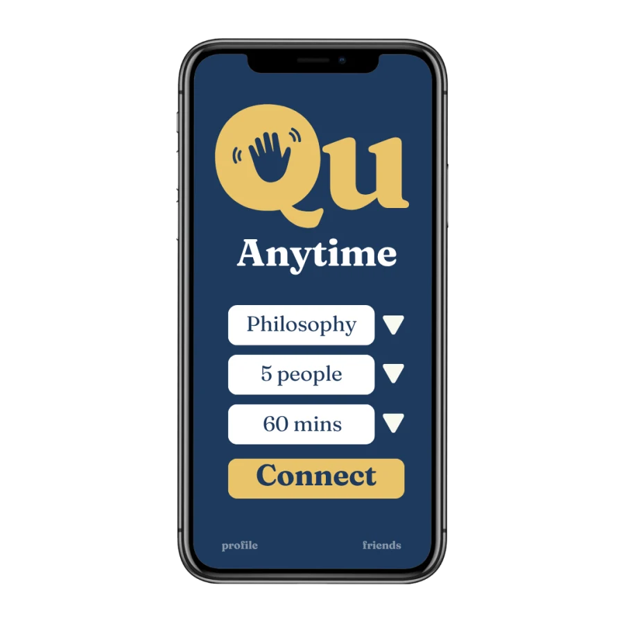 The Qu Anytime app: pick a topic, choose the group size and how long, then connect.